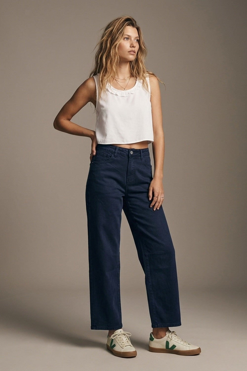 UNIKCOSA Navy soft stretch Denim Wide Leg Jeans with seam at the knee