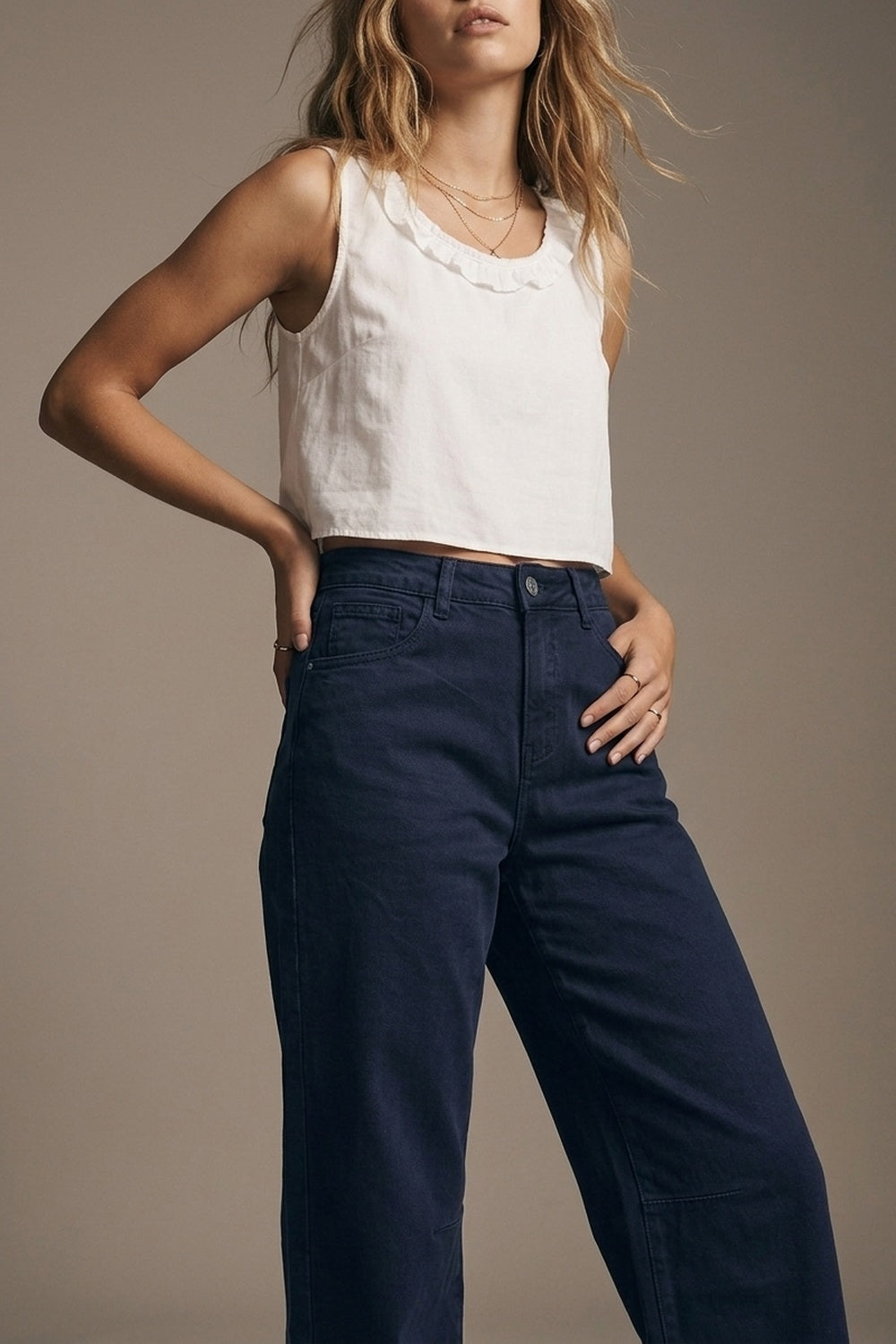 UNIKCOSA Navy soft stretch Denim Wide Leg Jeans with seam at the knee
