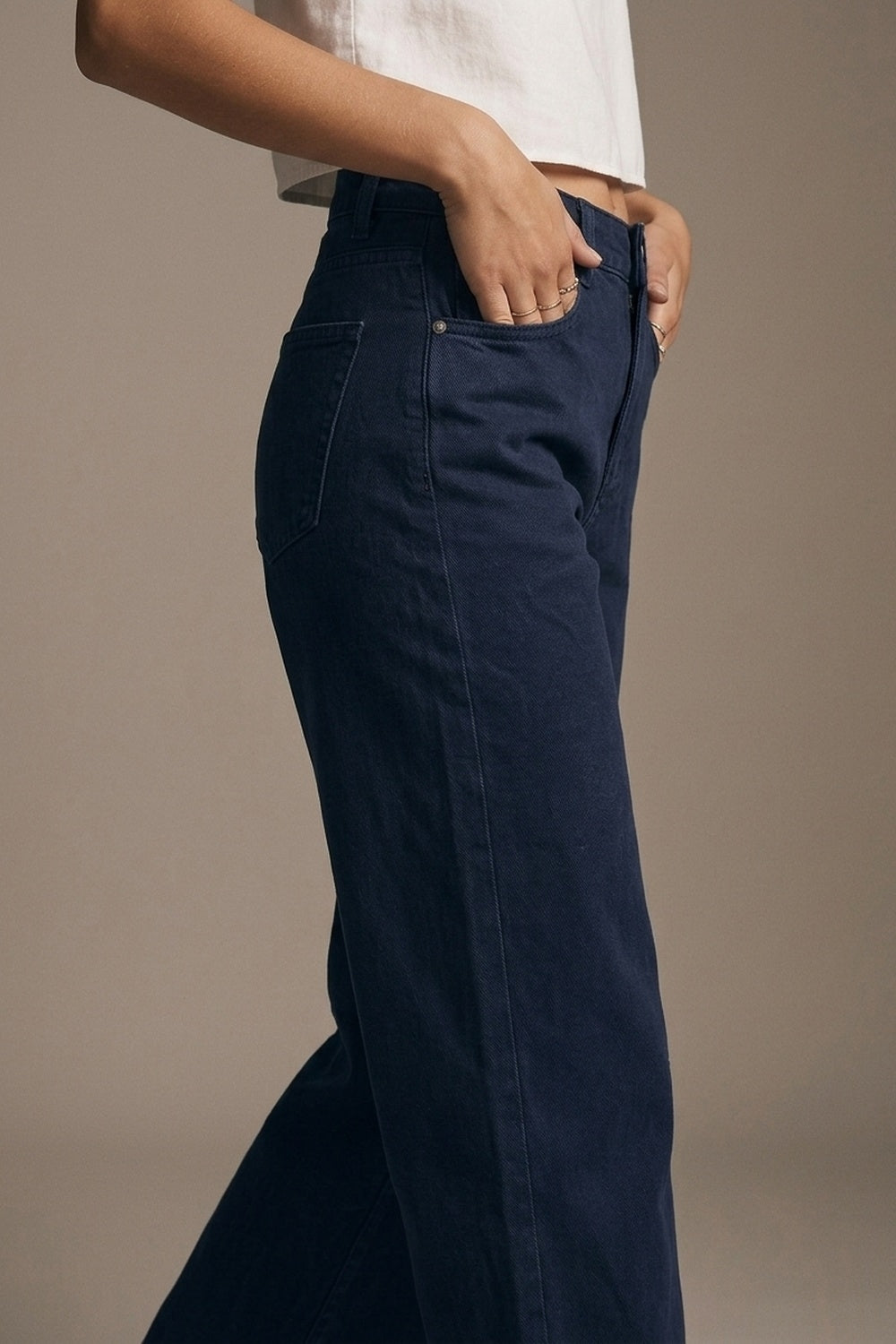 UNIKCOSA Navy soft stretch Denim Wide Leg Jeans with seam at the knee