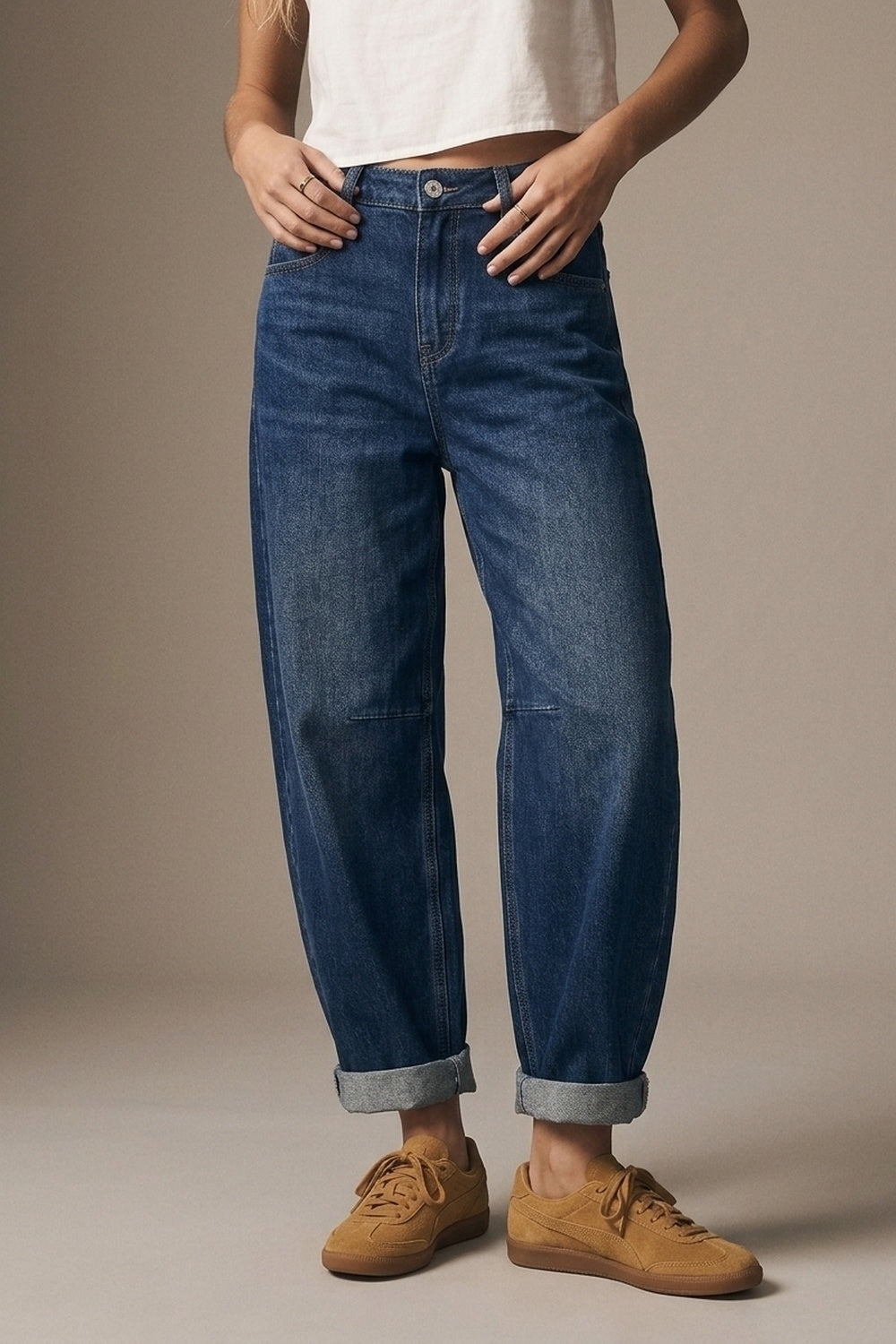 UNIKCOSA Blue Dark Wash Turn-Up leg Jeans with wide barrel leg style