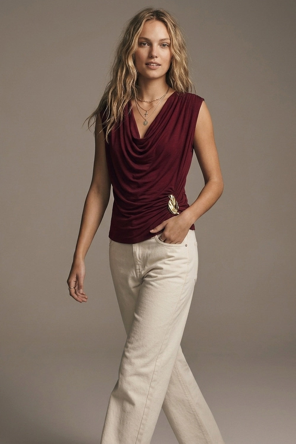 UNIKCOSA Burgundy Lightweight viscose top with Gold Accent and Draped Sleeveless