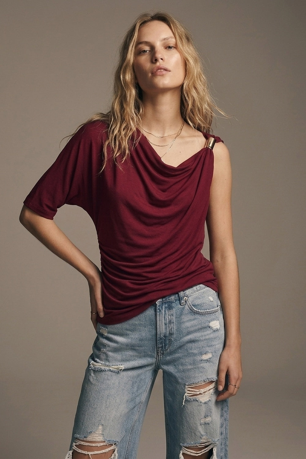 UNIKCOSA Burgundy Stretch Jersey Metal Accent Draped One-Shoulder Top