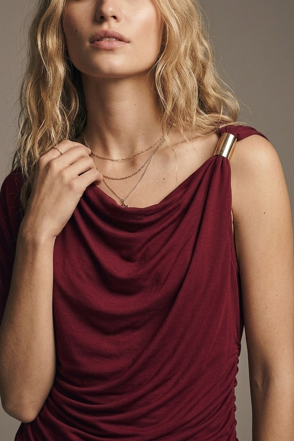 UNIKCOSA Burgundy Stretch Jersey Metal Accent Draped One-Shoulder Top
