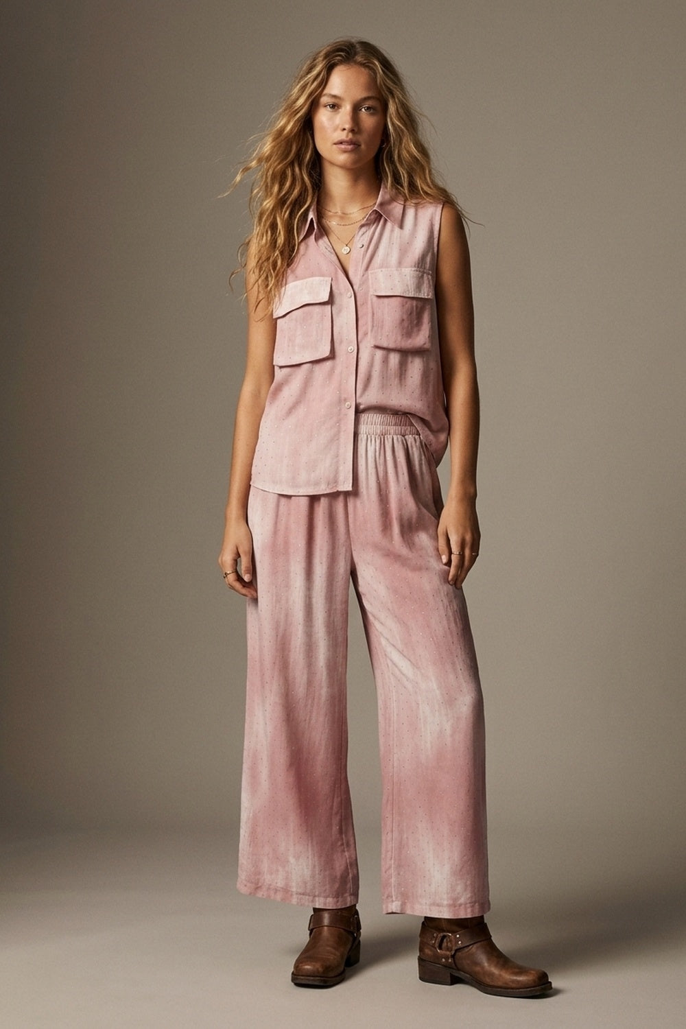 UNIKCOSA Pink Tie-Dye Sleeveless Shirt with embellished Rhinestone