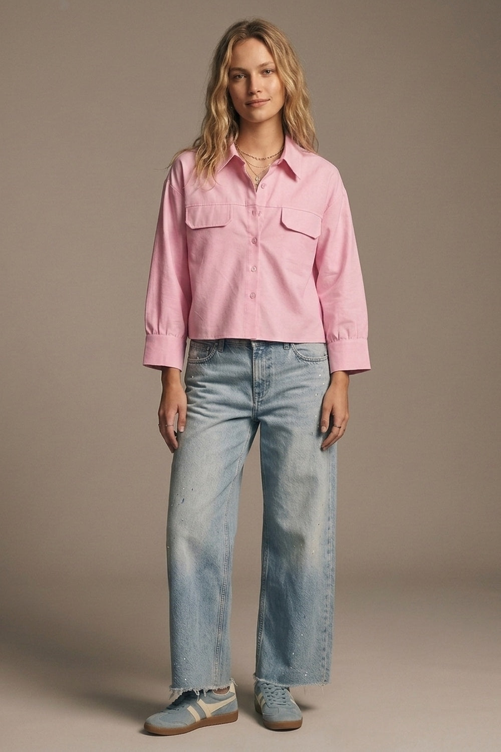 UNIKCOSA Pink oxford fabric Cropped Shirt with Chest Pockets