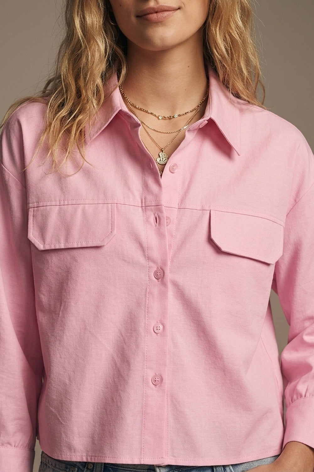 UNIKCOSA Pink oxford fabric Cropped Shirt with Chest Pockets