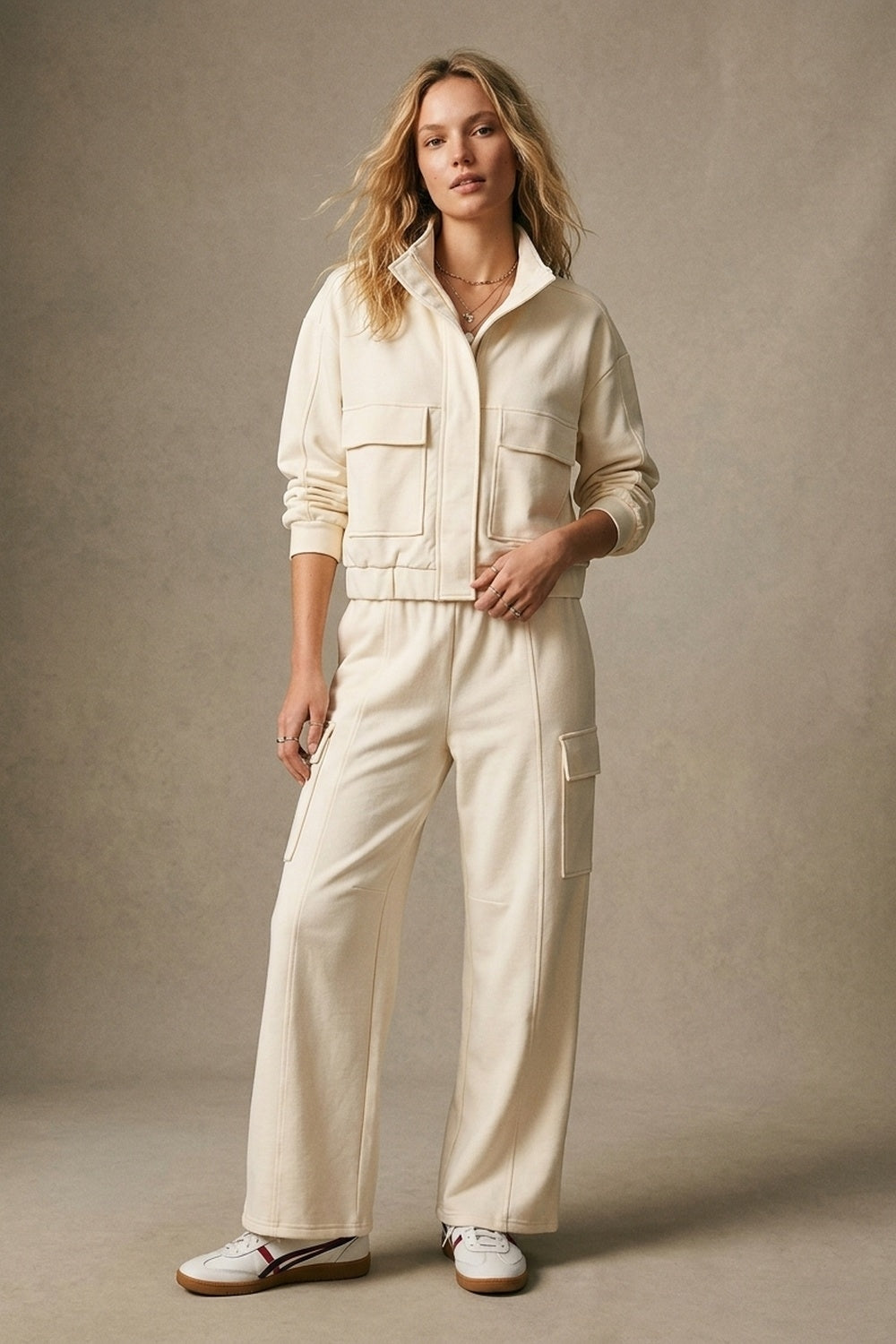 UNIKCOSA Cream viscose High Collar Pocket Front Relaxed Fit Bomber Jacket
