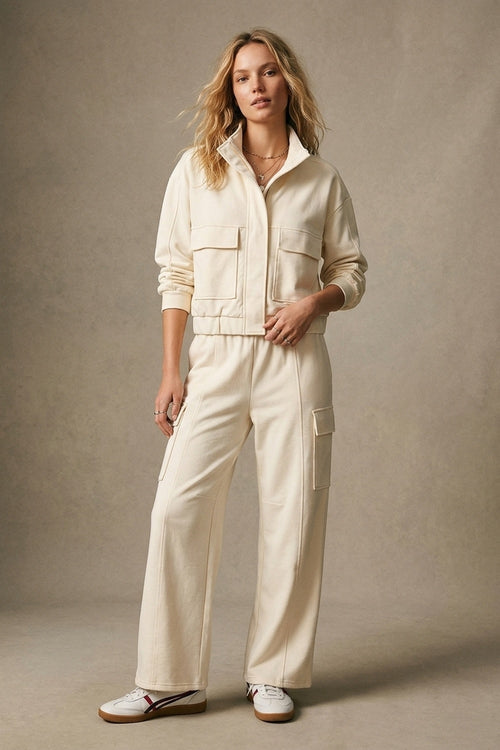 Cream viscose High Collar Pocket Front Relaxed Fit Bomber Jacket