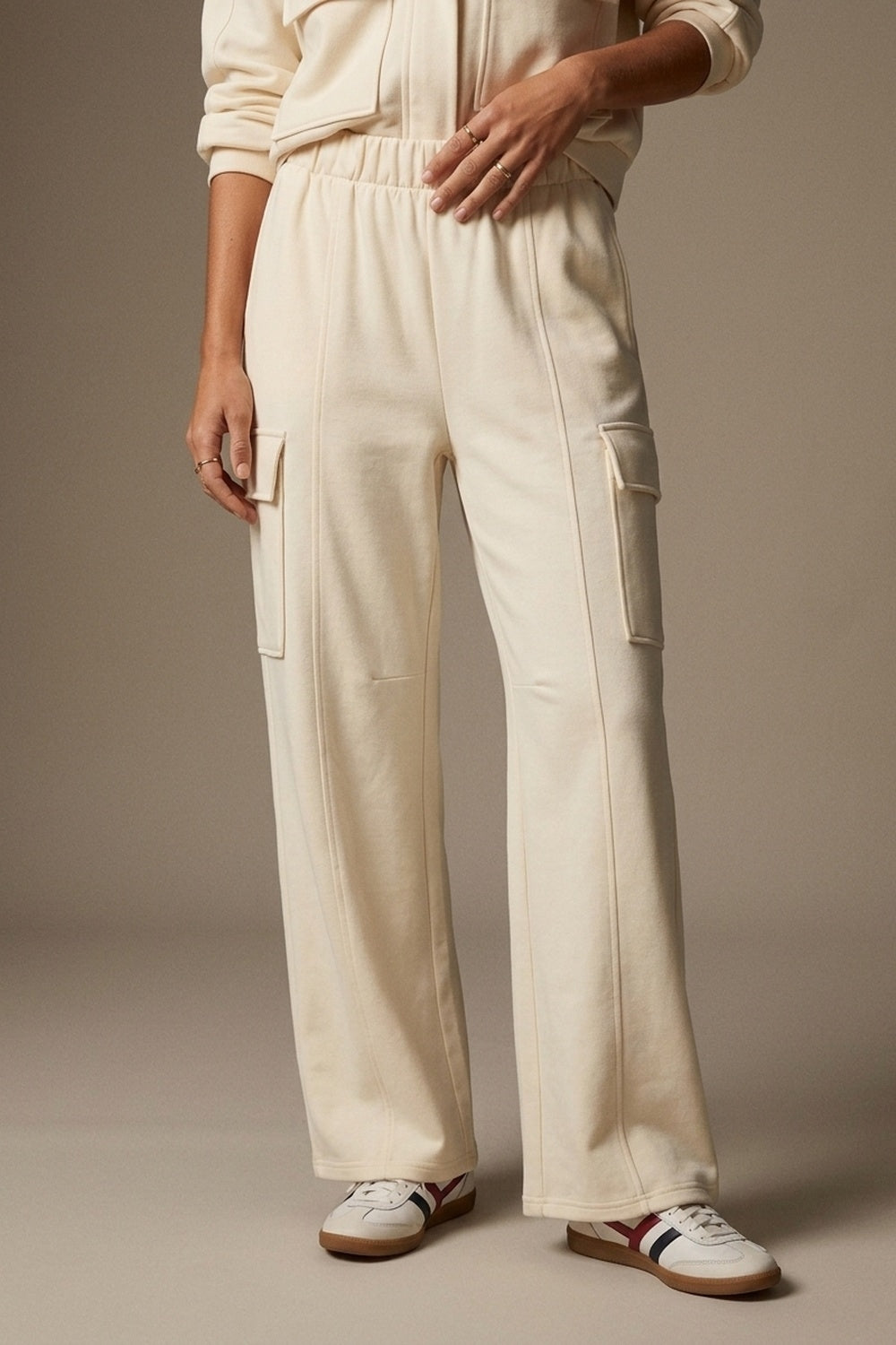 UNIKCOSA Cream viscose Elastic Waist Cargo Pocket Wide Leg Pants