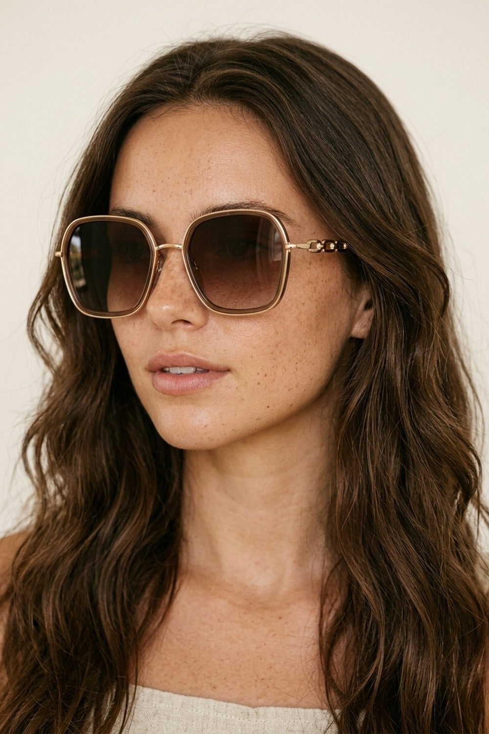 UNIKCOSA Brown Gradient Square Frame Oversized Metal Sunglasses