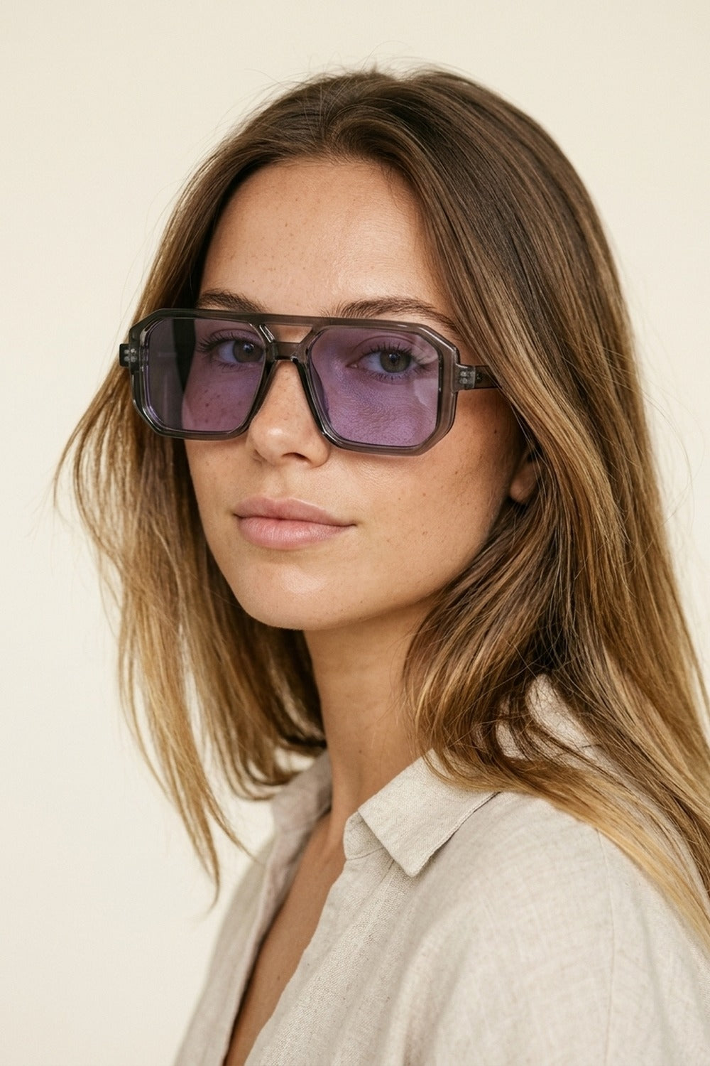 UNIKCOSA Grey Transparent Frame Purple Tinted Oversize Geometric Sunglasses