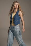 UNIKCOSA dark wash denim Vest with Silver Buttons