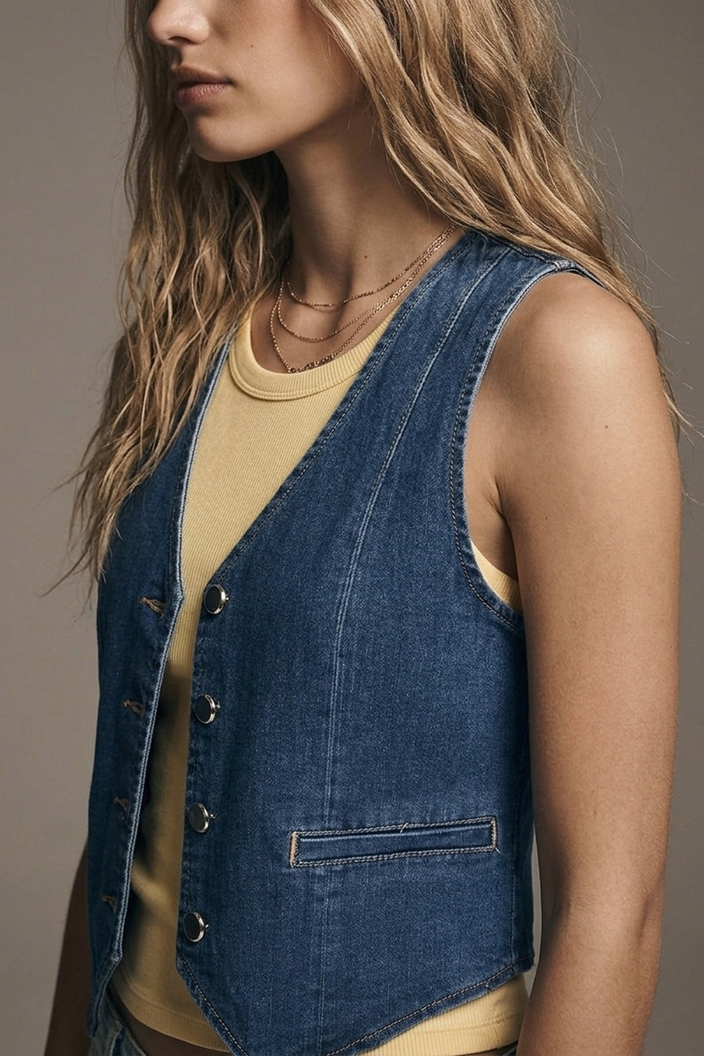 UNIKCOSA dark wash denim Vest with Silver Buttons
