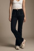 UNIKCOSA Black Studded Flare Jeans With Front Pocket Detail