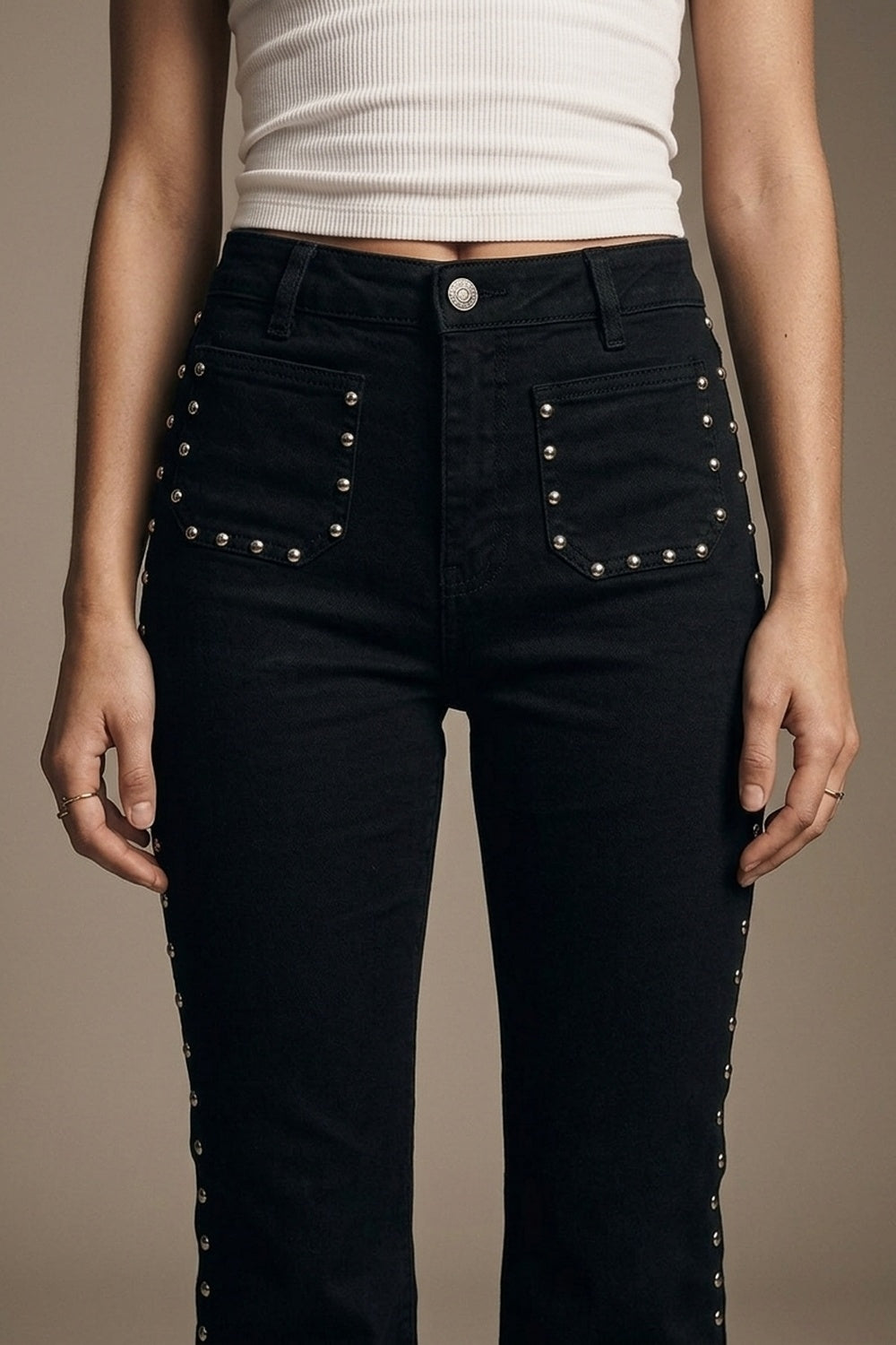 UNIKCOSA Black Studded Flare Jeans With Front Pocket Detail