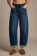 UNIKCOSA Dark wash Drawstring Waist jeans with Rolled Cuff and Wide Leg