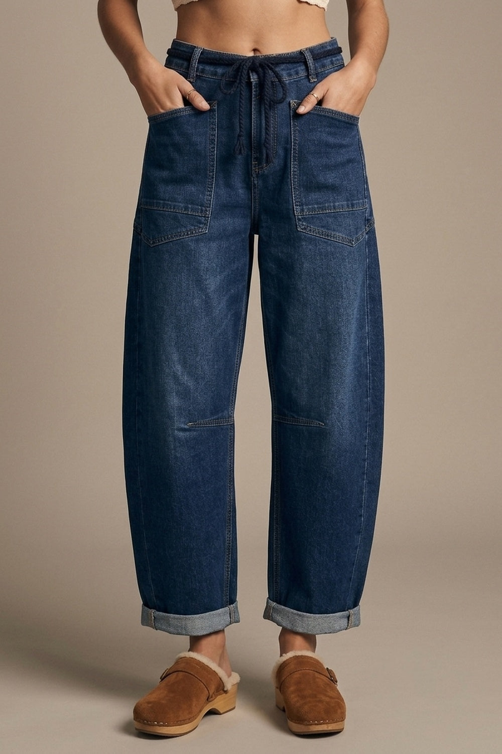 UNIKCOSA Dark wash Drawstring Waist jeans with Rolled Cuff and Wide Leg