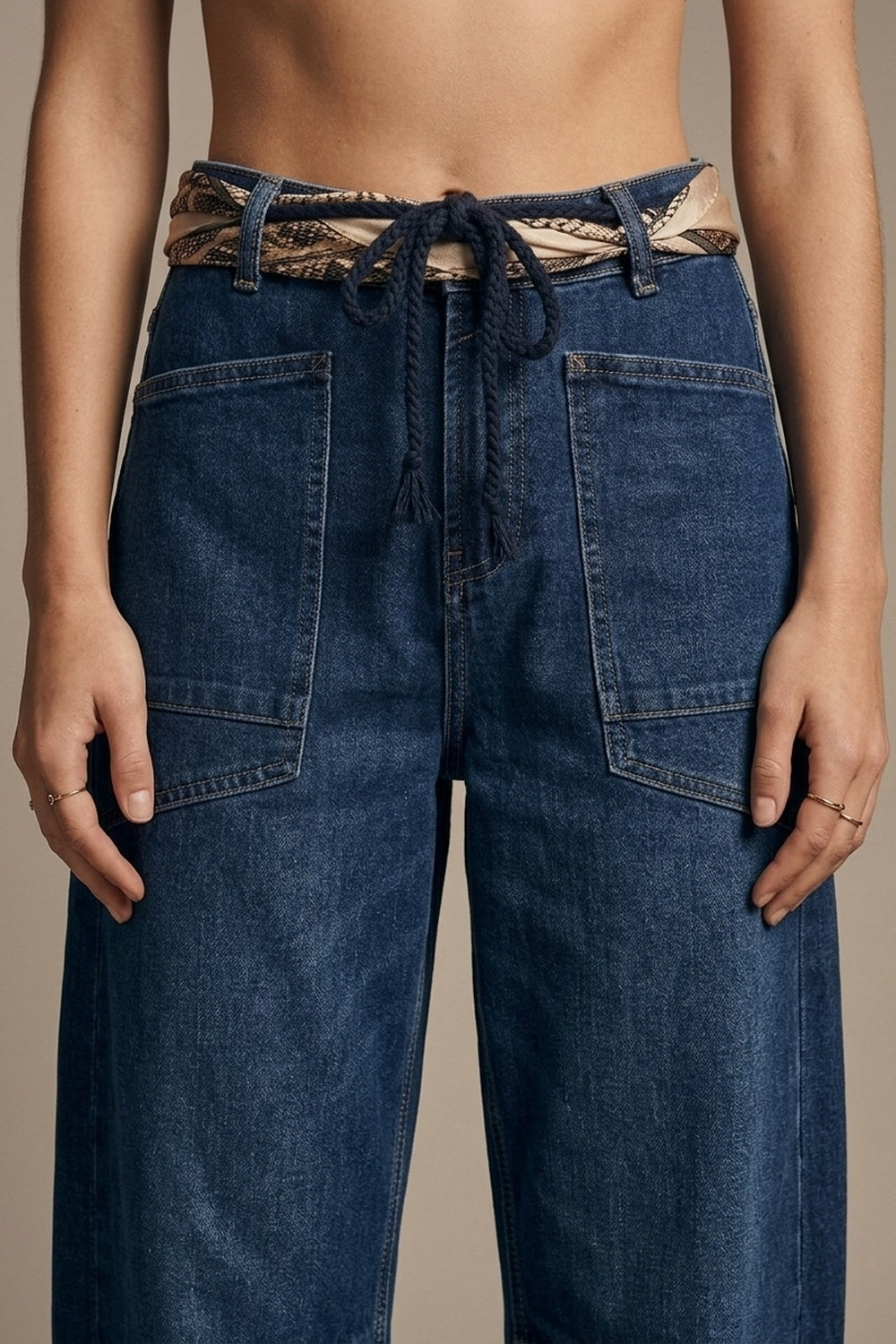 UNIKCOSA Dark wash Drawstring Waist jeans with Rolled Cuff and Wide Leg