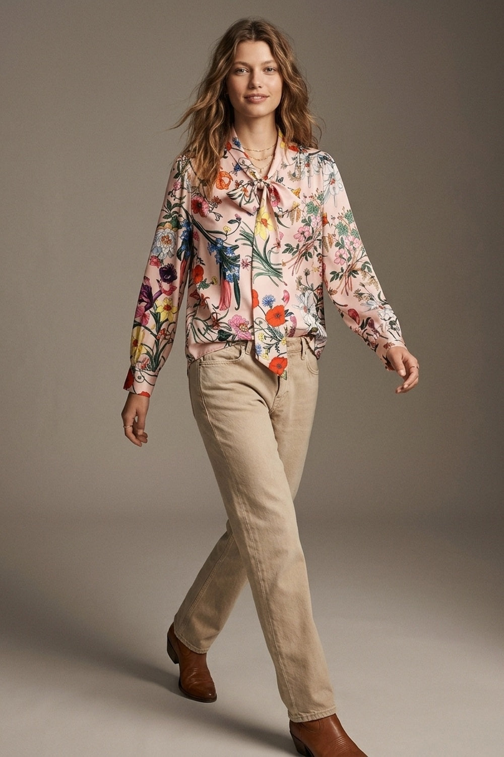 UNIKCOSA Light Pink Floral Print Satin Pussy Bow Long Sleeve Blouse