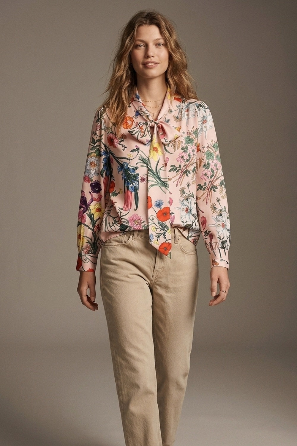 UNIKCOSA Light Pink Floral Print Satin Pussy Bow Long Sleeve Blouse