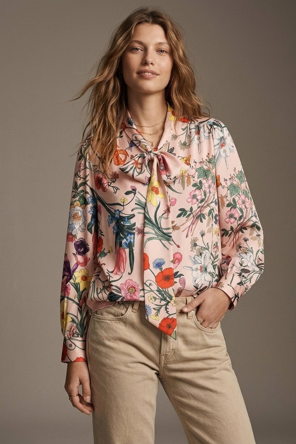 UNIKCOSA Light Pink Floral Print Satin Pussy Bow Long Sleeve Blouse