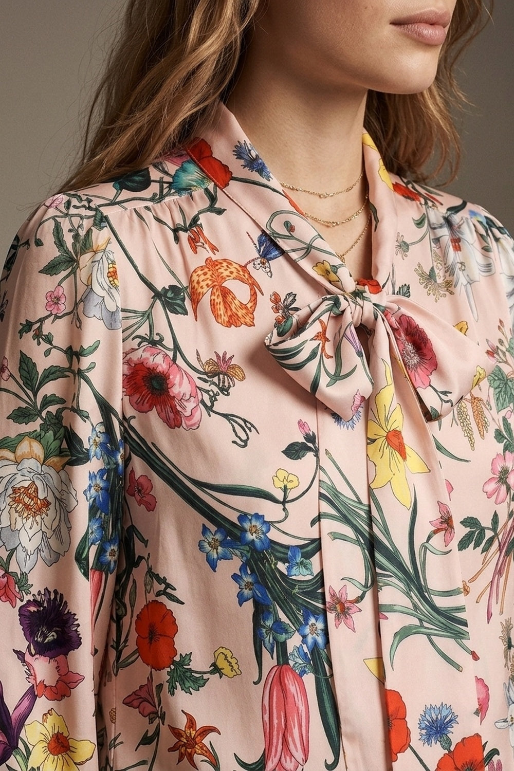 UNIKCOSA Light Pink Floral Print Satin Pussy Bow Long Sleeve Blouse