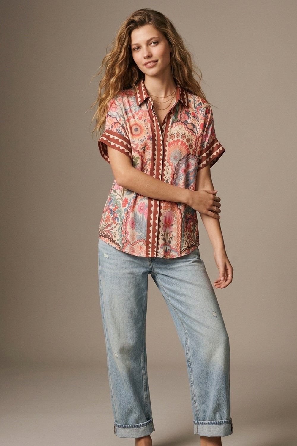 UNIKCOSA Multicolor Floral Print Lightweight facric Contrast Trim Shirt
