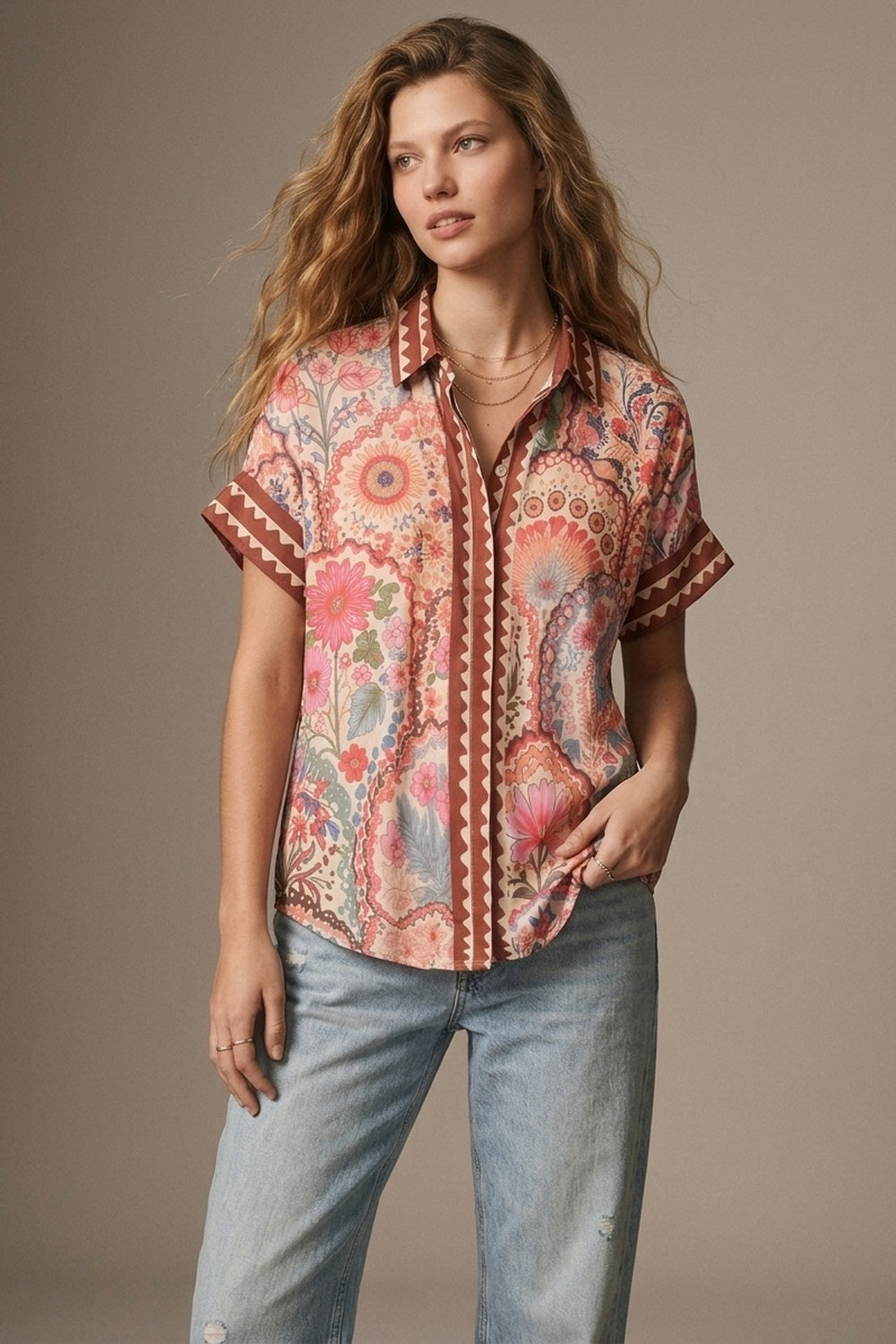 UNIKCOSA Multicolor Floral Print Lightweight facric Contrast Trim Shirt