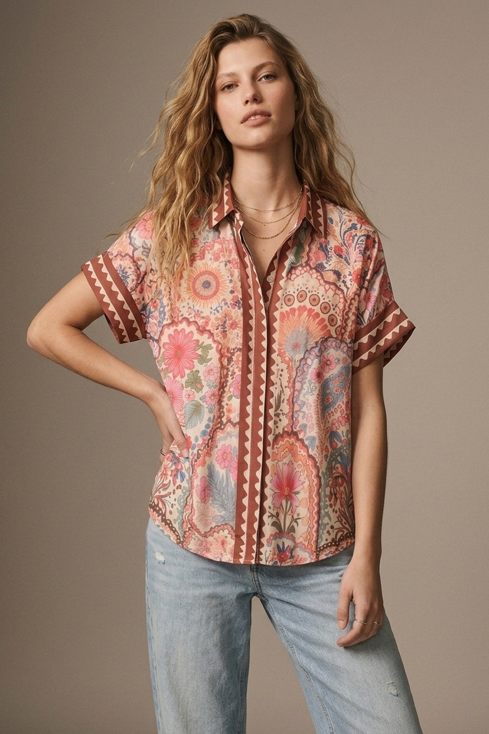 UNIKCOSA Multicolor Floral Print Lightweight facric Contrast Trim Shirt