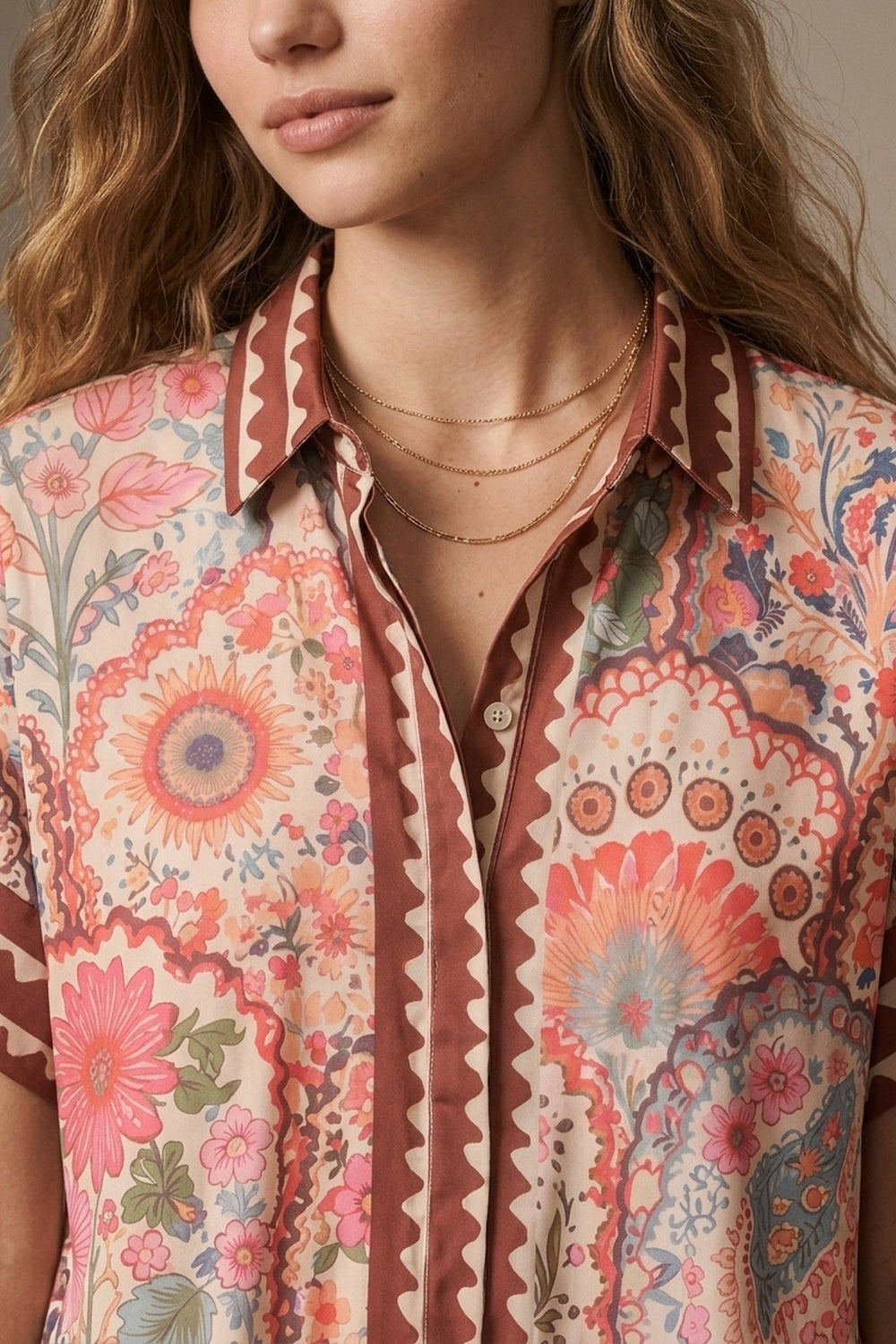 UNIKCOSA Multicolor Floral Print Lightweight facric Contrast Trim Shirt