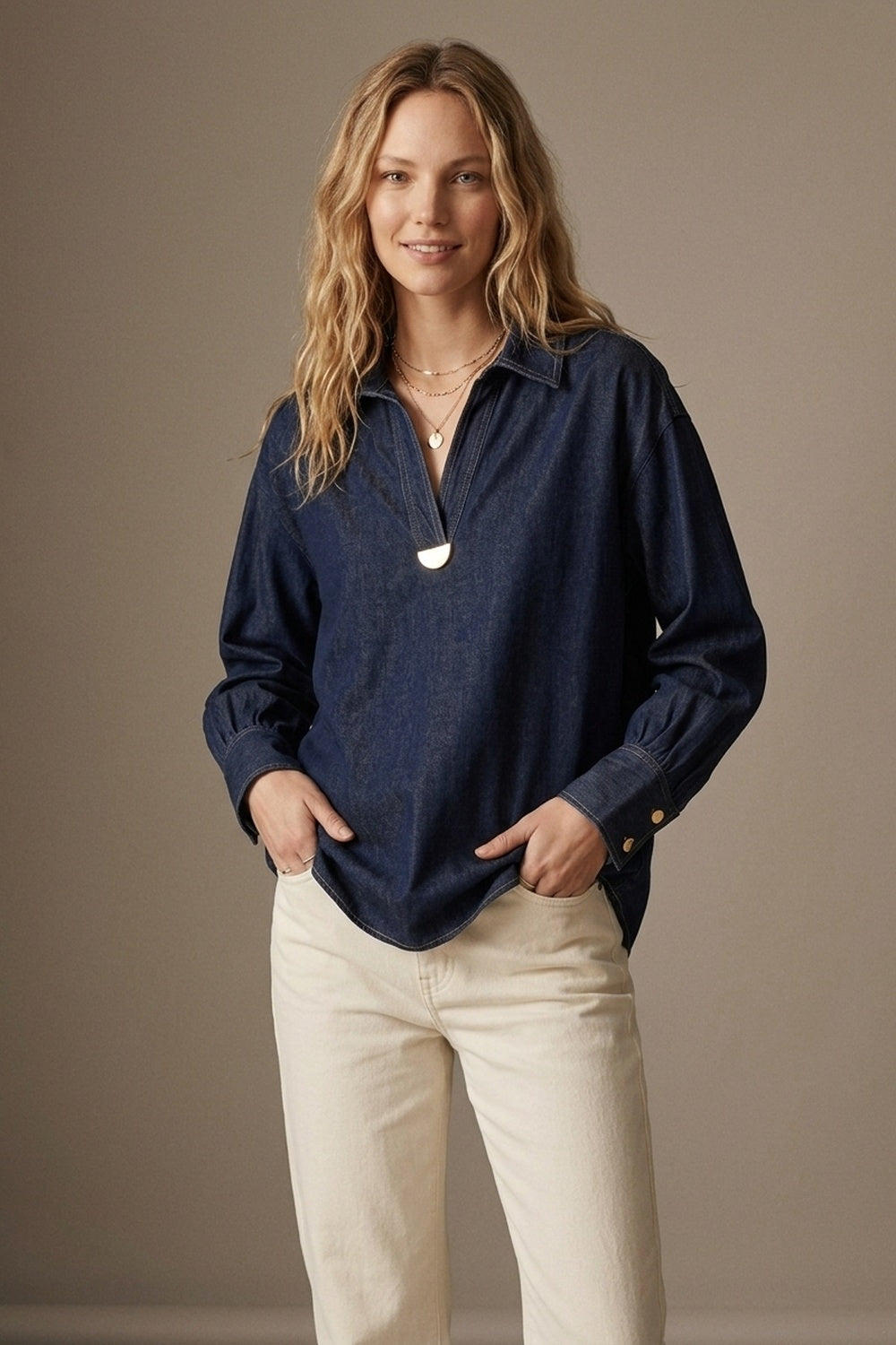 UNIKCOSA Gold Trim V-Neck Shirt in lightweight denim fabric