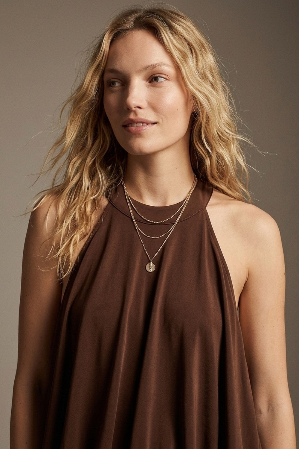 UNIKCOSA soft stretch fabric Halter Neck Maxi Dress in brown