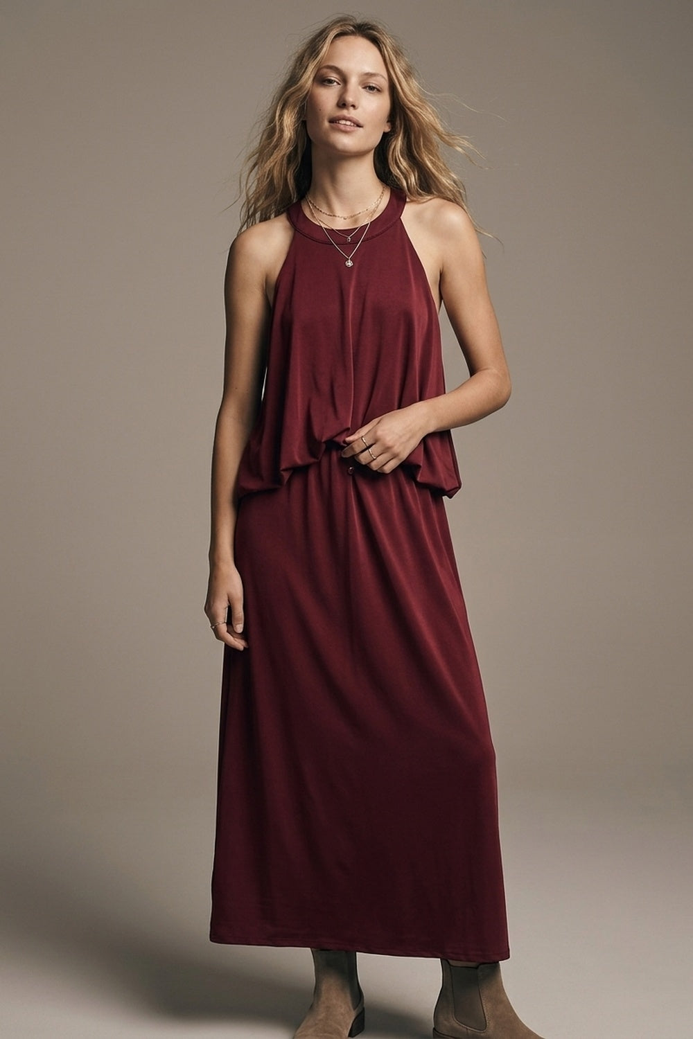 UNIKCOSA soft stretch fabric Halter Neck Maxi Dress in Burgundy