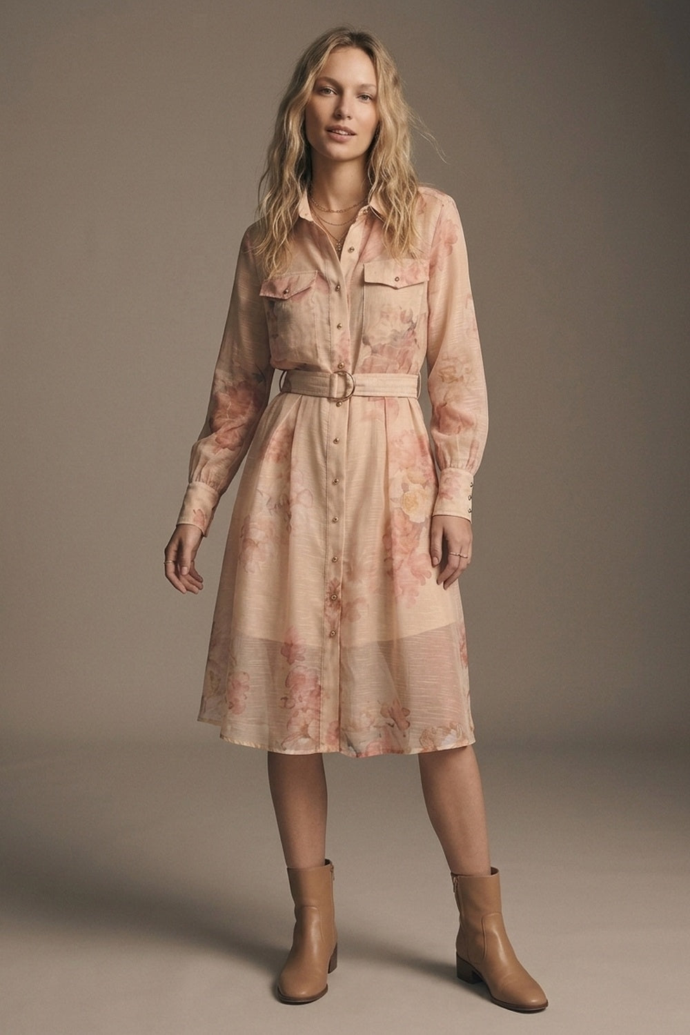 UNIKCOSA Beige Floral Print Chiffon Belted Midi Shirt Dress with Gold Buttons