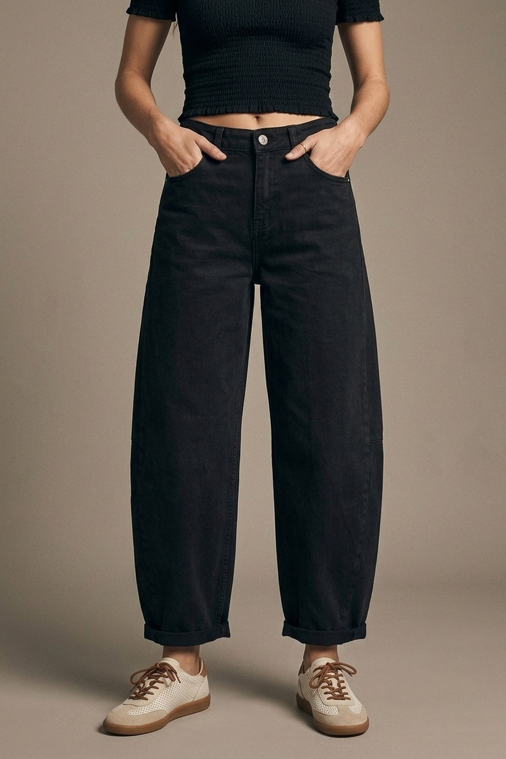 UNIKCOSA Black Wide-Leg Barrel style Pants with Rolled Hems