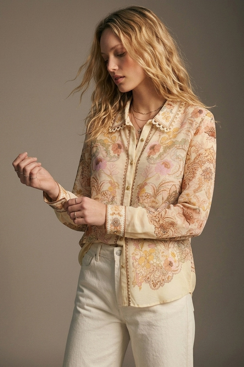 UNIKCOSA Butter yellow Floral Print shirt with Lace Trim detail