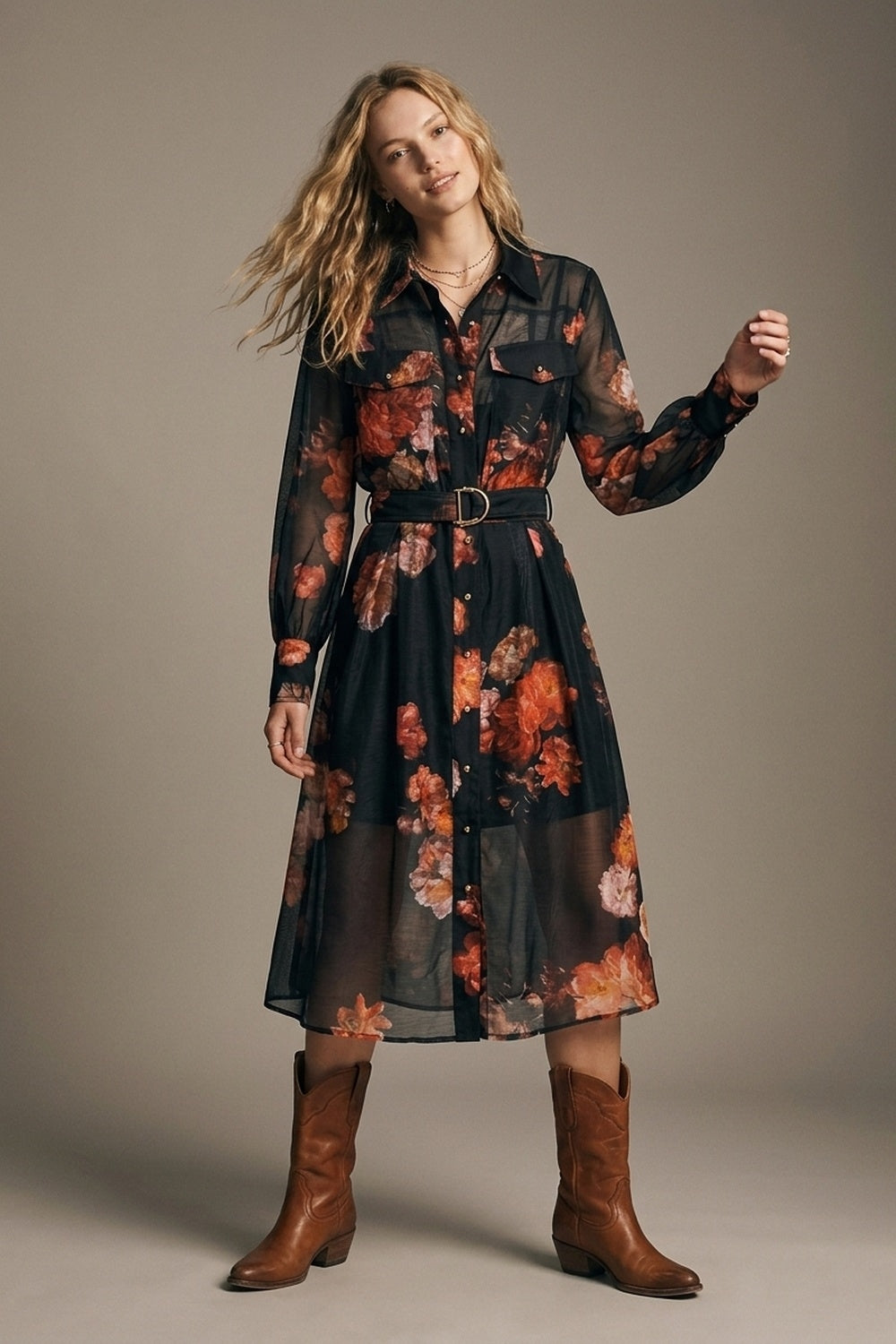 UNIKCOSA Black Floral Print Sheer Belted Midi Shirt Dress Long Sleeves