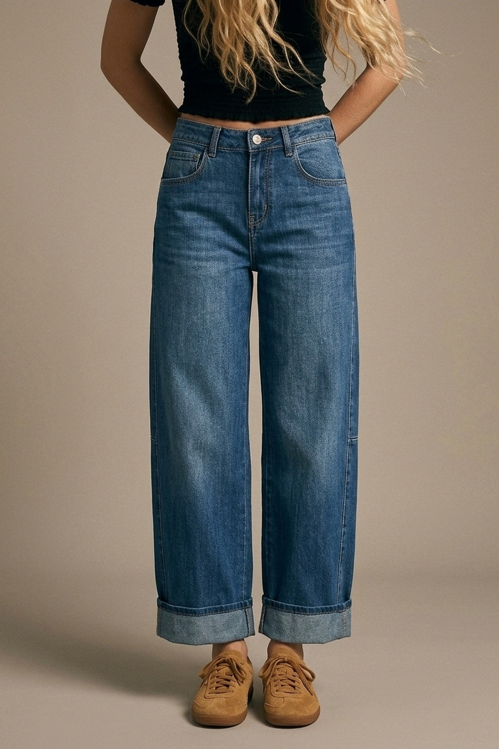 UNIKCOSA Barrel Style Denim Jeans in Medium Wash with Cuffed Hem