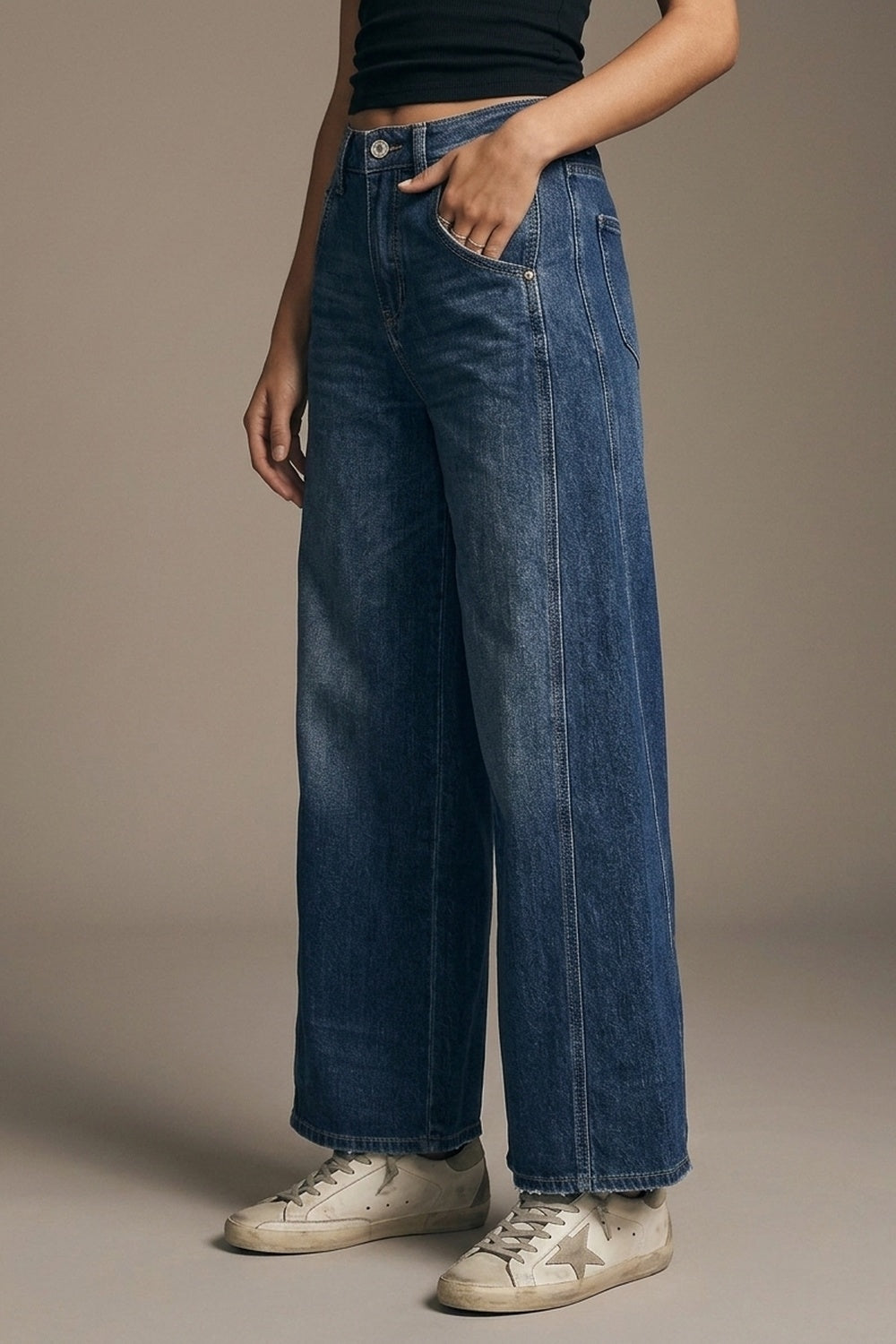 UNIKCOSA Extra Wide Leg Jeans In Mid Wash with side pockets