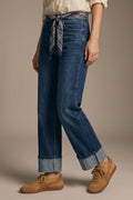 UNIKCOSA Straight Jeans with Folded Hem in Mid Blue Wash
