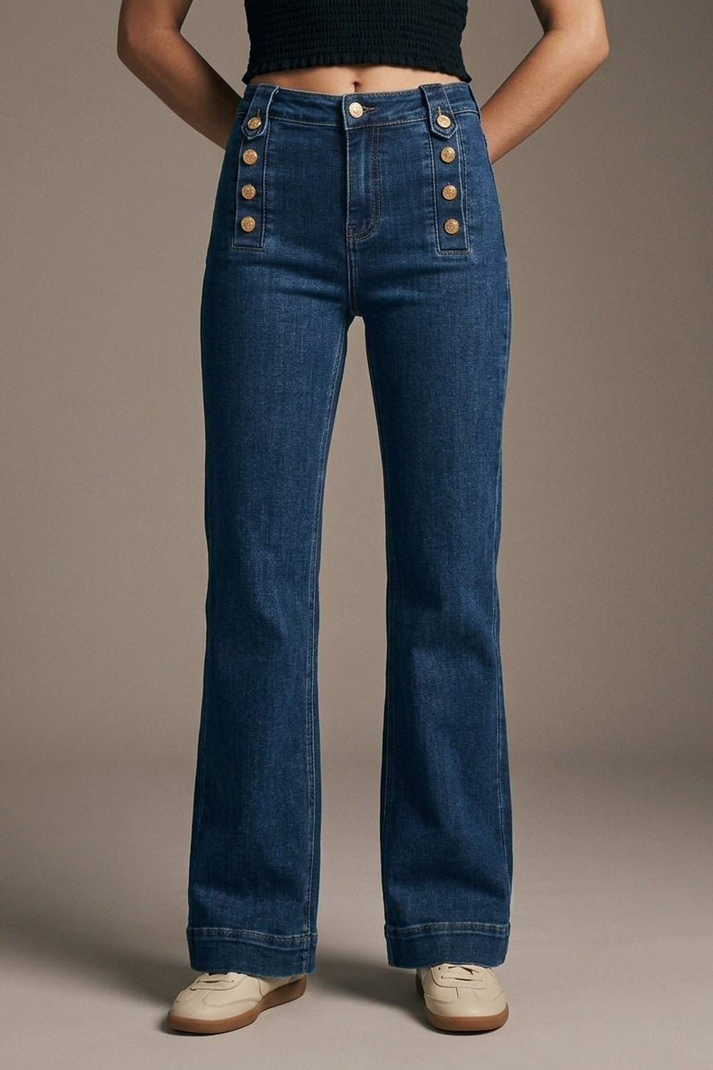 UNIKCOSA Marine Flare Jeans With Button Detailing in Mid wash