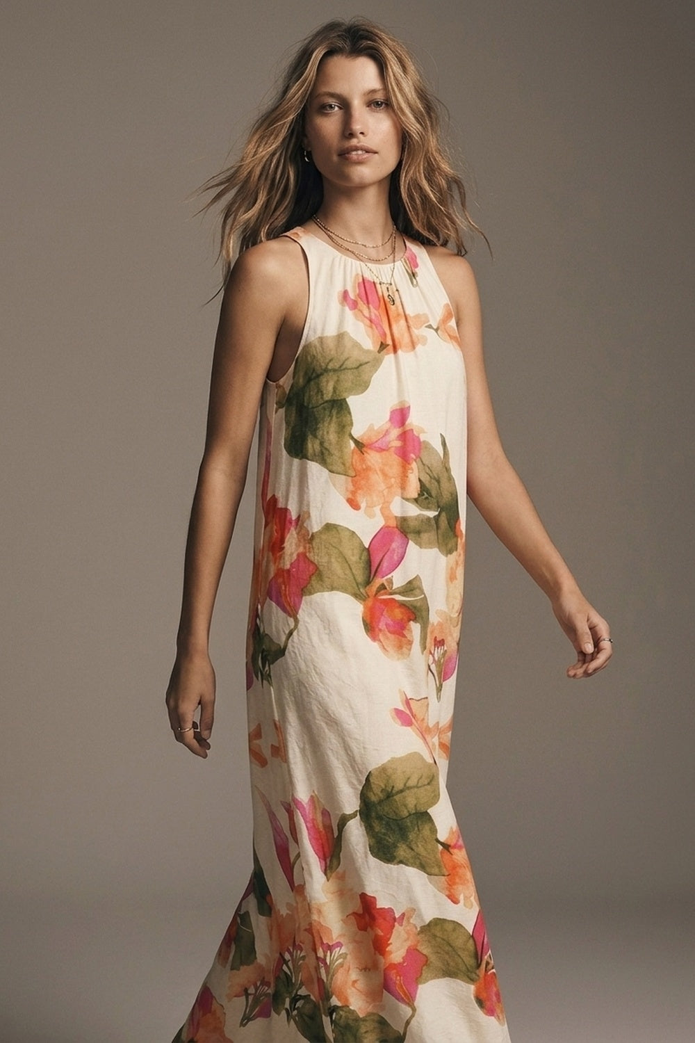 UNIKCOSA Sleeveless lightweight woven maxi dress with cream floral print relaxed fit