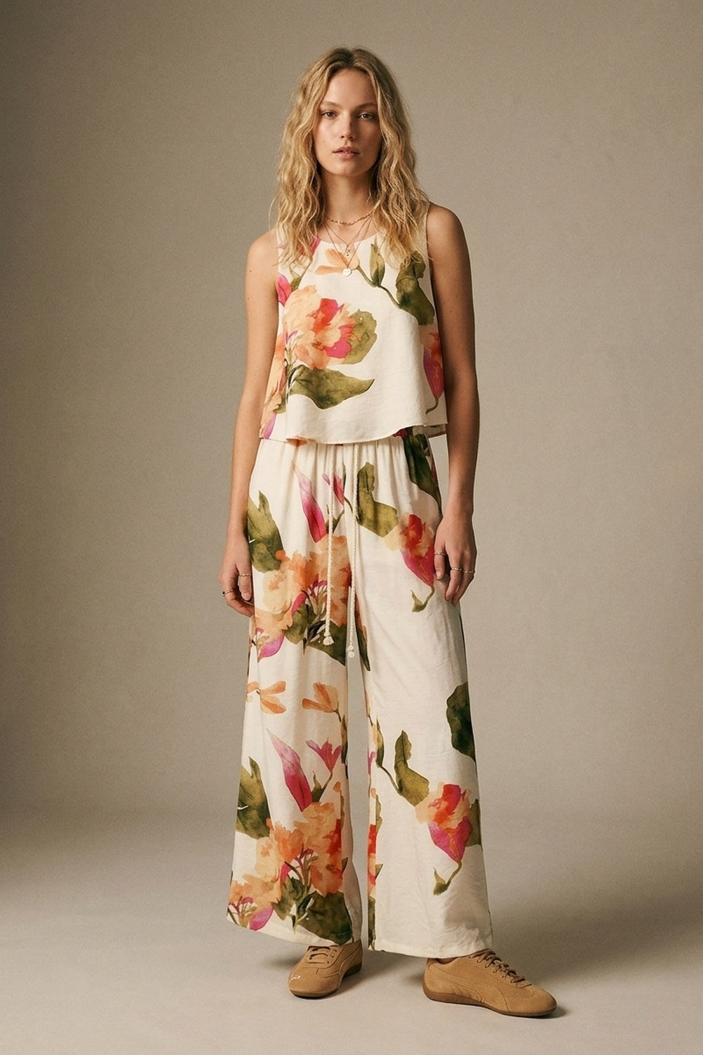 UNIKCOSA Cream Floral Print wide leg Pants with Elastic Waist