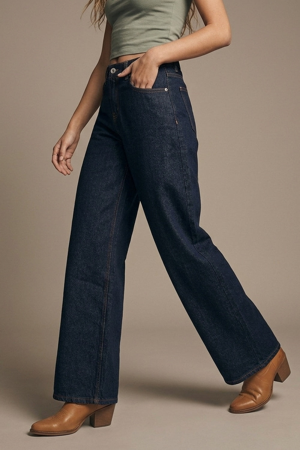 UNIKCOSA Dark Wash Wide Leg Jeans With Contrasting Stitching