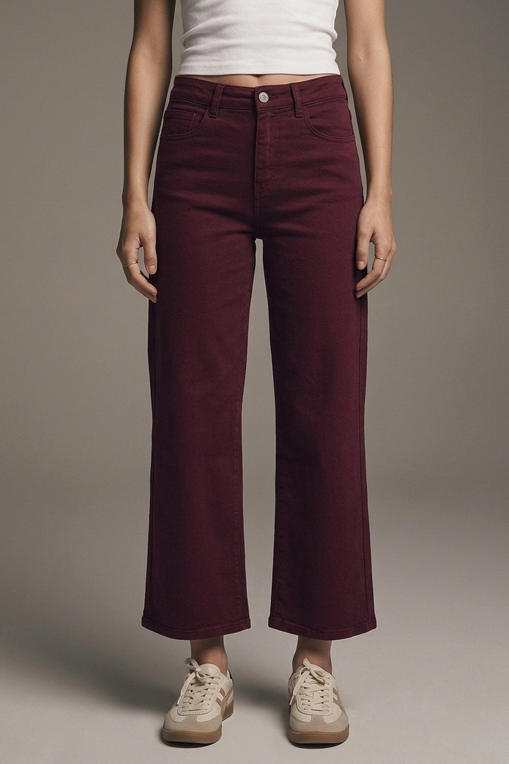 UNIKCOSA Cropped wide leg jeans in burgundy