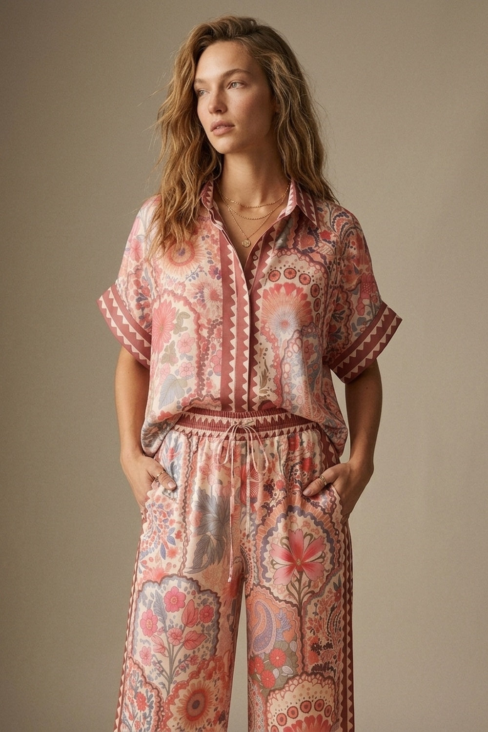 UNIKCOSA Multicolor Floral Print Lightweight facric Contrast Trim Shirt