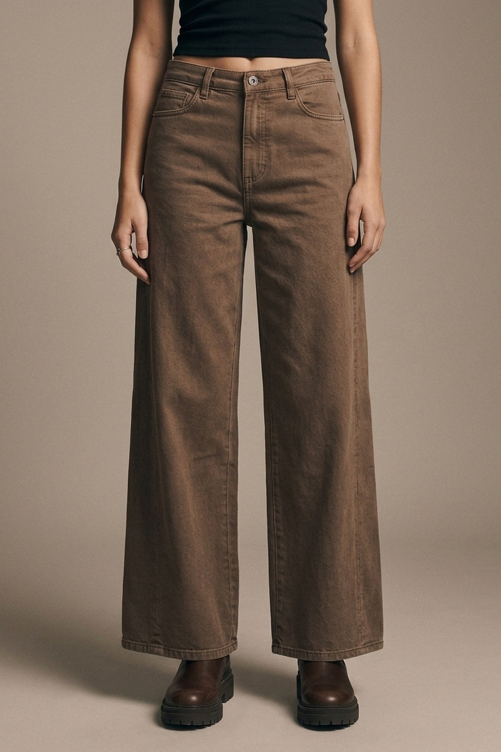 UNIKCOSA Brown Wide-Leg Casual Cotton Denim Pants