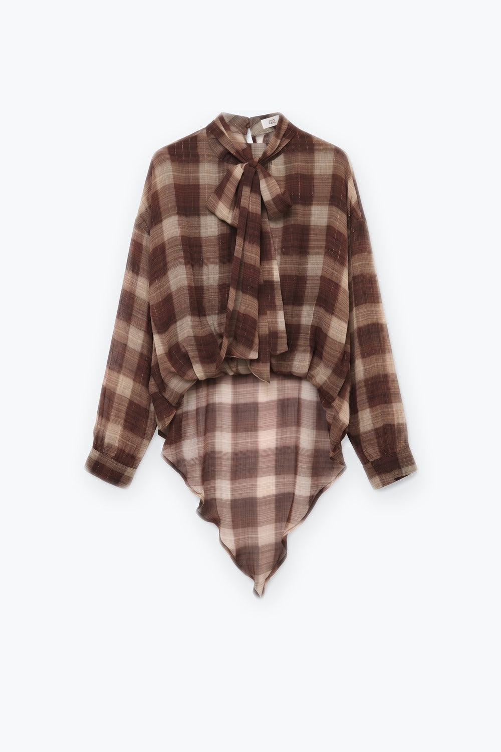 Brown Check printed Asymmetrical back Blouse in chiffon