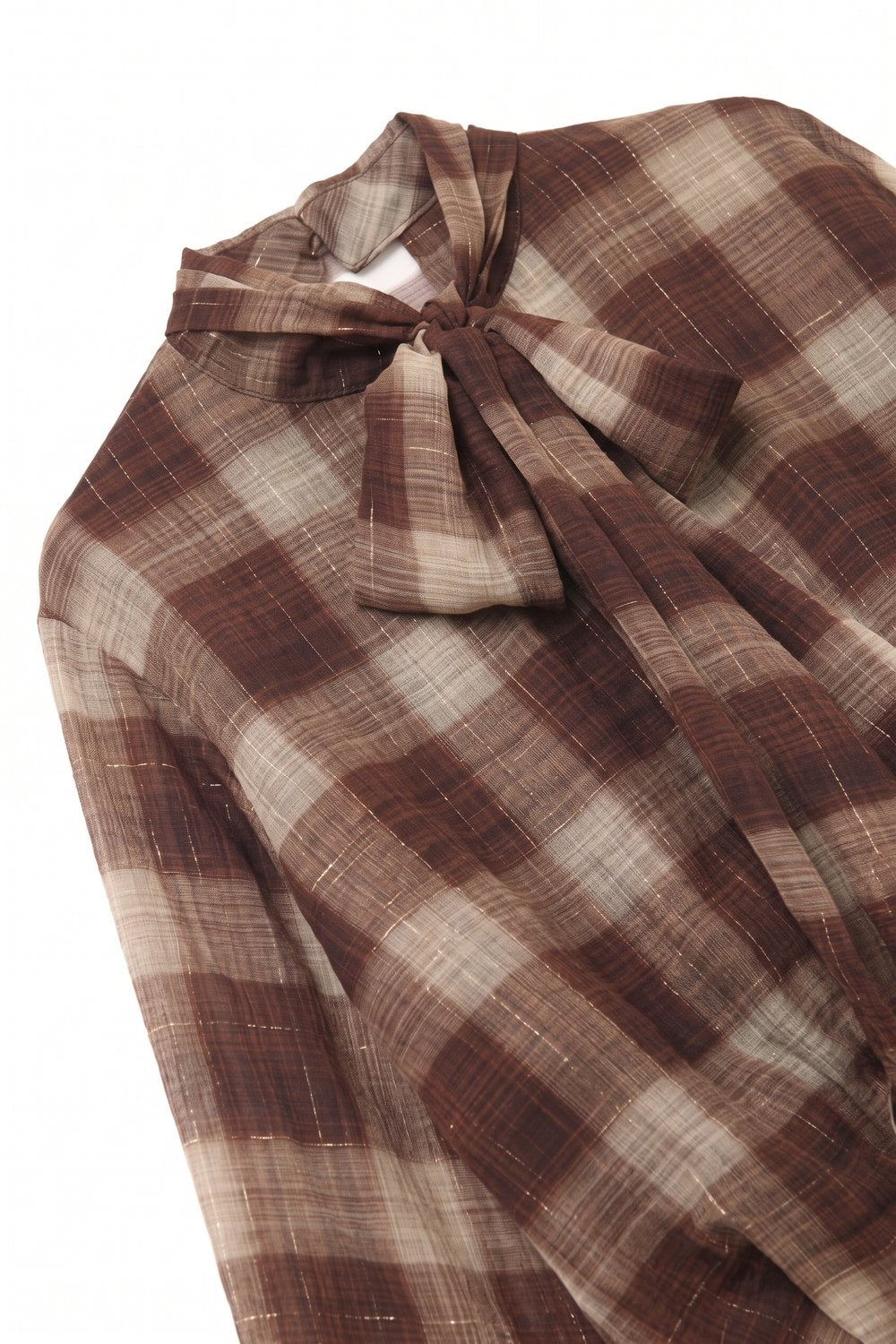 Brown Check printed Asymmetrical back Blouse in chiffon