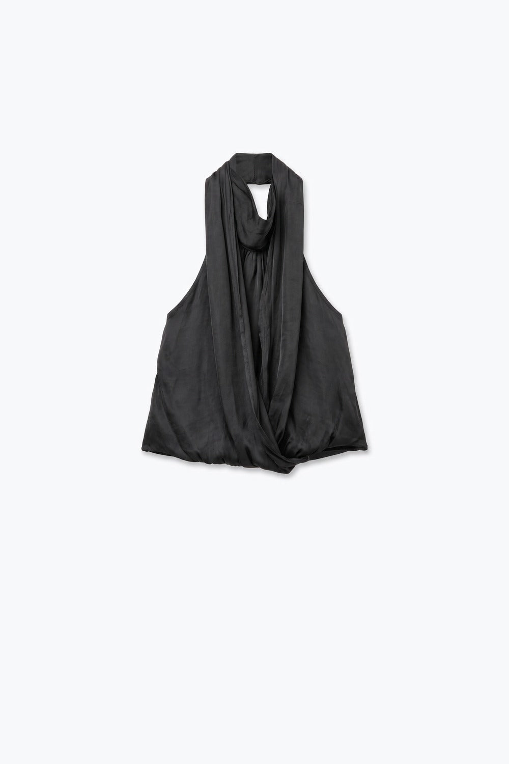 Black Satin Draped Halter Neck Sleeveless Blouse Top